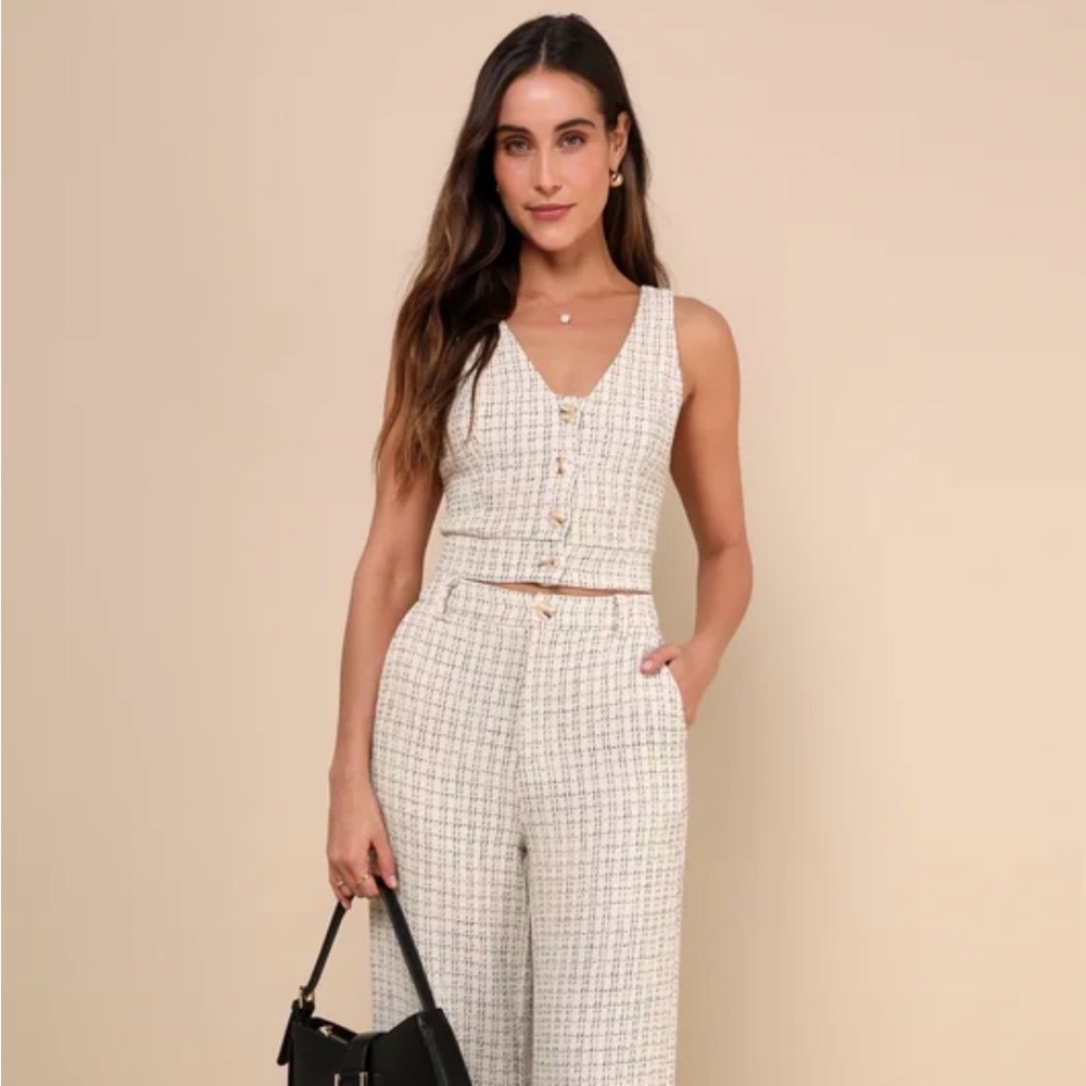 Lulus Tweed Plaid Ivory Button Vest Top NWT - Picture 2 of 6